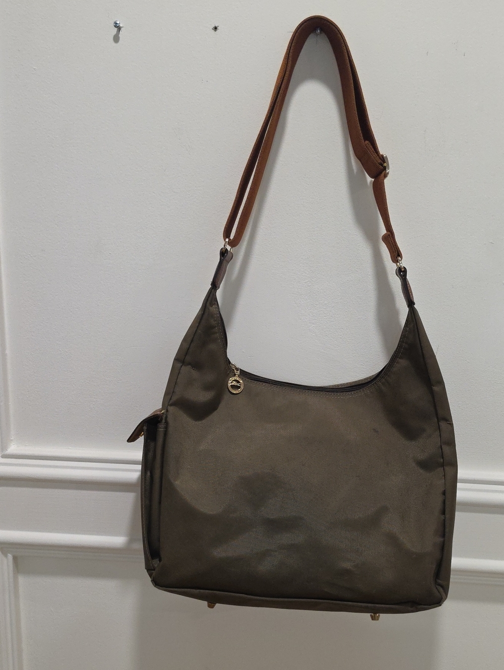 Longchamp Olive Green Shoulder Bag with Brown Strap